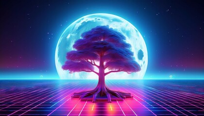 a vibrant 3d illustration of a sycamore tree standing tall in a retro futuristic landscape bathed in