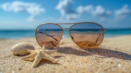 Wall Mural - A pair of sunglasses sitting on top of a sandy beach