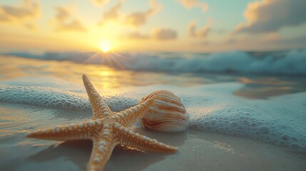 Wall Mural - A starfish and a shell on the beach at sunset