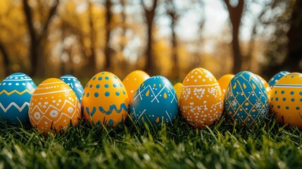 Wall Mural - A group of painted easter eggs sitting in the grass