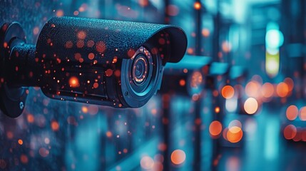 Poster - CCTV technology monitoring urban environment in a bustling city during nighttime