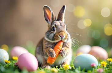 Wall Mural - Happy Easter bunny holding a carrot on the grass with Easter eggs and flowers. Blurred defocused background with bokeh.  