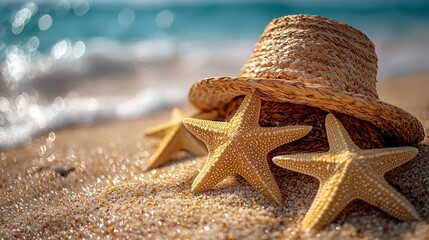 Wall Mural - A straw hat sitting on top of a sandy beach next to two starfish