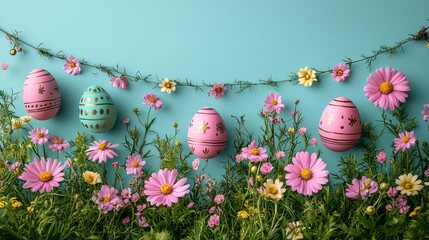 Wall Mural - A bunch of pink and blue easter eggs in a field of flowers