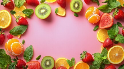 Sticker - Fresh fruits surround a pink background creating a vibrant display of colors and textures