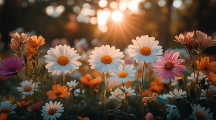 Poster - Colorful flower garden at sunset with daisies and wildflowers in full bloom