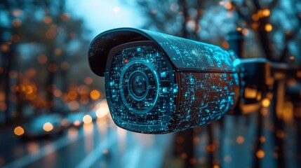 Poster - CCTV camera with AI integration monitors traffic in a busy urban area during evening hours