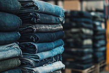 Poster - A close-up view of neatly stacked denim jeans in various shades of blue, reflecting the casual and stylish nature of contemporary fashion within a retail environment.