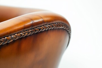 Poster - This close-up image showcases a beautifully crafted leather chair with stunning braided detailing, highlighting the quality and craftsmanship of the furniture piece.