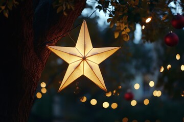 Poster - A beautifully illuminated star-shaped lantern hanging gracefully from a tree, surrounded by soft lighting, capturing the essence of outdoor holiday celebrations.