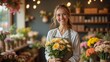 © Andrey - Smiling florist holds vibrant bouquet in a charming flower shop