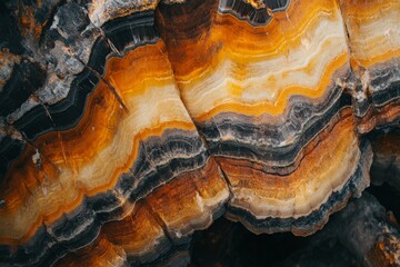 Poster - This stunning image showcases a section of petrified wood with vibrant orange and black patterns, highlighting the beauty of geological formations over millions of years.