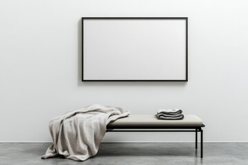 Aufkleber - A well-styled minimalist bench featuring neatly arranged pillows and a soft blanket, set in a bright, airy space, projecting a sense of comfort and calm relaxation.
