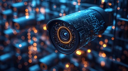 Poster - Showcasing security patches on surveillance tech with lit sensors in a dark setting
