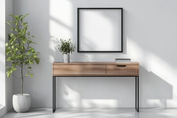 Poster - A sleek wooden console table featuring an empty frame and a potted plant, embodying a minimalist design that promotes tranquility and open space in home decor.