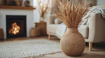 Poster - Cozy living room with a warm fireplace and decorative vase in a relaxed setting