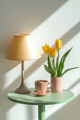 Poster - Yellow tulips on a green table with soft shadows and pastel decor during daylight