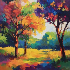 Wall Mural - Vibrant autumn trees showcasing a blend of colors in a serene landscape