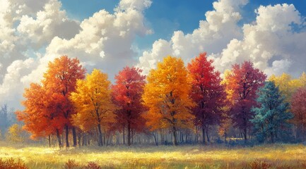 Wall Mural - Vibrant autumn foliage painting depicting colorful trees in a serene landscape