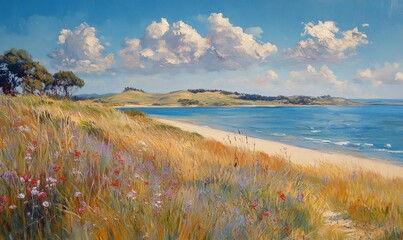 Wall Mural - expansive landscape showcasing rolling hills and a serene lake under a vibrant sky