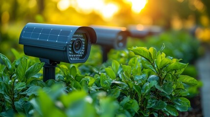 Poster - CCTV cameras installed among lush greenery at sunset for enhanced outdoor security monitoring