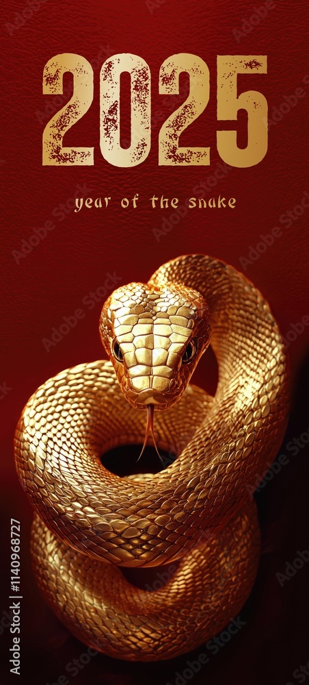 2025 year of the snake. Elegant golden snake on a red background with ...
