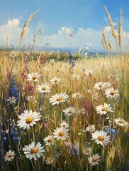 Wall Mural - bright wildflowers blooming in a lush green meadow under a clear blue sky