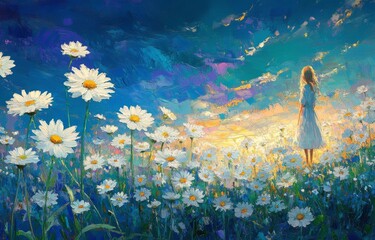 Wall Mural - bright white daisies bloom in a meadow under a soft blue sky during daytime
