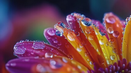 Poster - Close up of colorful flower petals adorned with sparkling water droplets in natural light