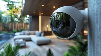Poster - Smart home system demonstration with security camera and outdoor lounge area during daylight