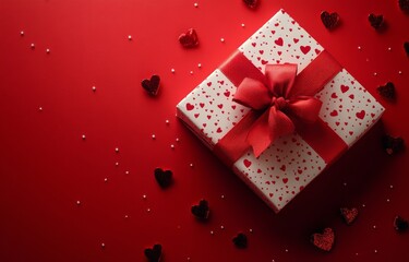 Wall Mural - Gift box adorned with red hearts set against a vibrant red background for a romantic occasion