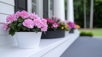 A row of potted plants sit on a window sill