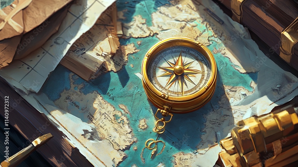 Treasure hunt concept, map and compass Stock Illustration | Adobe Stock
