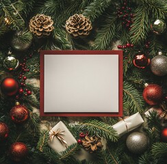 Poster - Festive arrangement of holiday decorations with a blank card surrounded by greenery