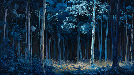 blue dark forest with dense foliage and tall trees, forest floor, woodland, nature, arboreal. arbore