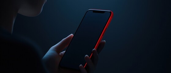 Wall Mural - Person's hand holding a smartphone with a dark blue background. the phone is in the center of the image, with the screen facing towards the right side of the frame.