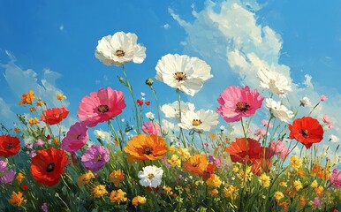 Wall Mural - vibrant poppy field under a blue sky filled with fluffy clouds during a sunny day