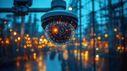Poster - Surveillance camera monitoring critical infrastructure facility during twilight