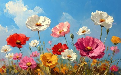 Wall Mural - vibrant poppy field under a blue sky filled with fluffy clouds during a sunny day