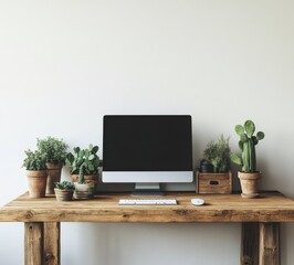 Poster - Modern workspace featuring plants and a computer on a rustic wooden desk