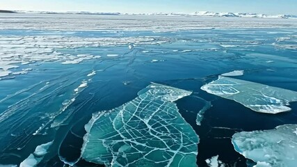 Poster - Drifting ice floes float on deep blue waters of the Arctic, reflecting sunlight on a clear day, creating a serene and majestic natural landscape.