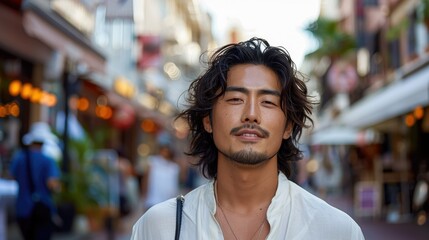 Wall Mural - A man with wavy hair stands confidently in a vibrant street scene.