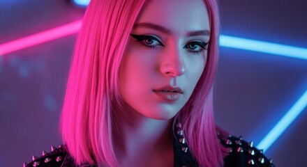 Wall Mural - Young caucasian female with pink hair and neon lighting