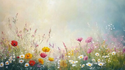 Wall Mural - beautiful colorful wildflower field in springtime with vibrant blooms and soft sunlight