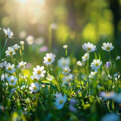 Wall Mural - white flowers bloom in a lush green meadow during the warm afternoon sunlight