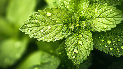 Wall Mural -   A close-up shot of a green leaf with water droplets, surrounded by green foliage in the background