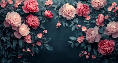 Wall Mural - Beautiful arrangement of pink peonies and flowers on a dark background