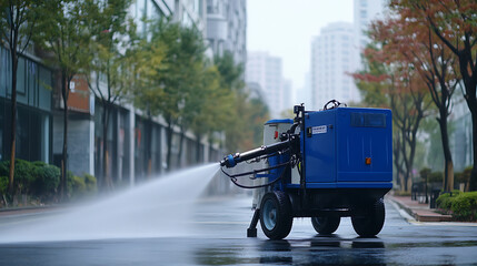Aufkleber - Thorough and professional outdoor surface disinfection using high-pressure water jet washer for urban areas to ensure sanitation, hygiene, and removal of germs for public health and safety