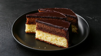 Poster - Three slices of coconut cake with chocolate glaze on dark plate against black background swedish dessert vertical food photography