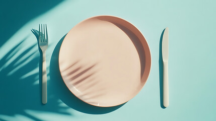 Poster - Top view empty plate, fork and knife on blue background